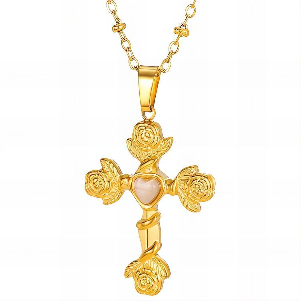 18K Gold Plated Ornate Cross Women's Necklace Hypoallergenic Waterproof